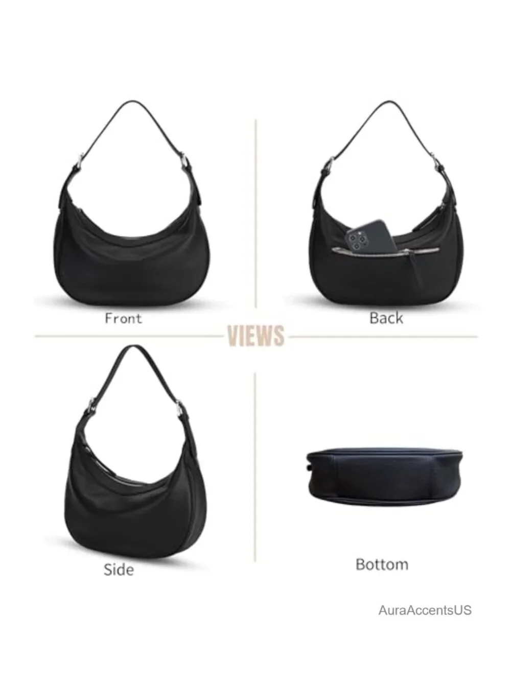 Genuine Leather Hobo Crossbody Bag with Two Adjustable Straps
